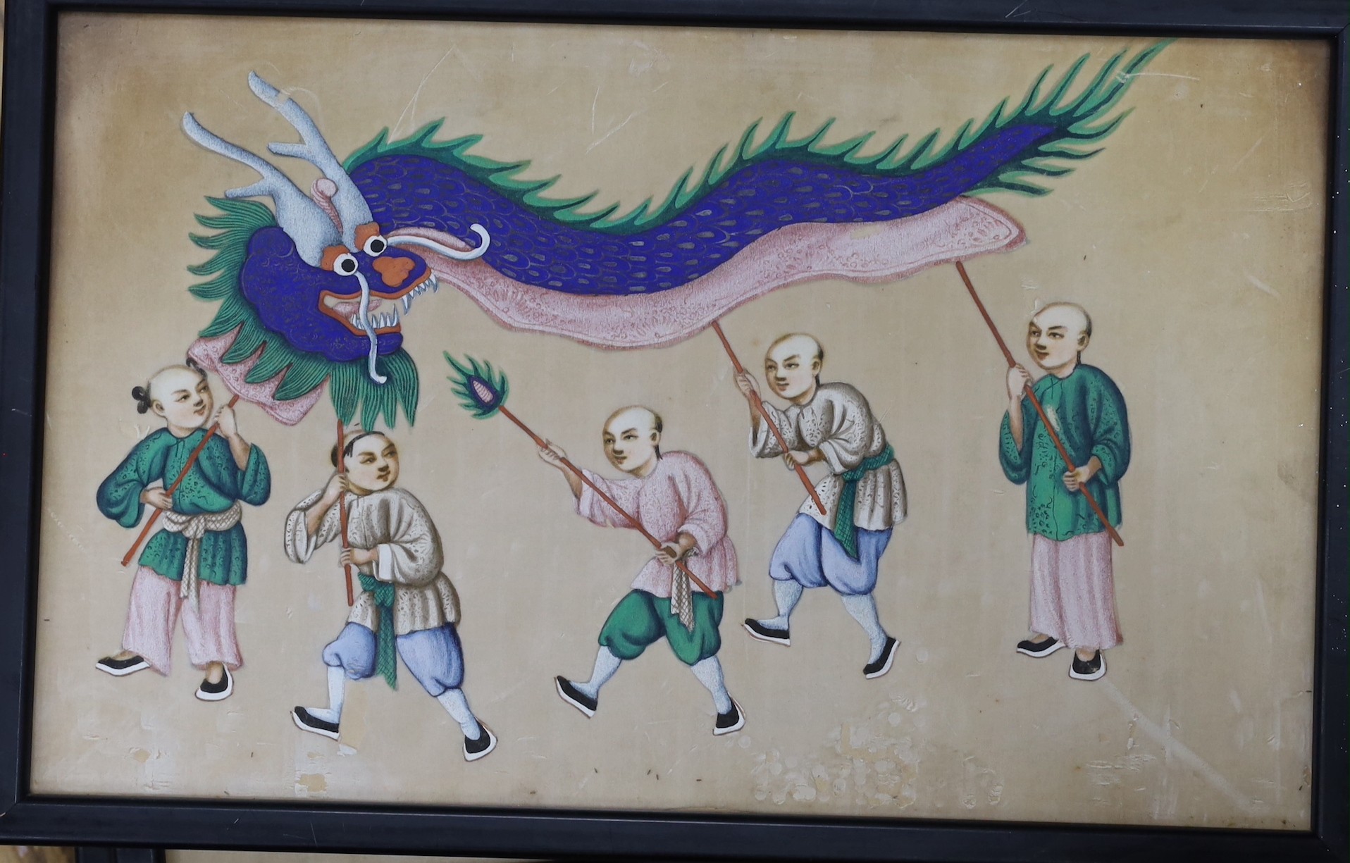 19th century Chinese School, six gouache on pith paper, Figures in a procession, 19.5 x 31cm